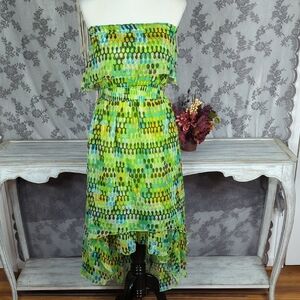 Second Skin Strapless Tube Green Patterned High Low Dress
